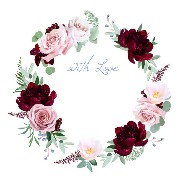Dusty rose, burgundy red peony, camellia, greenery vector - Vector, Image