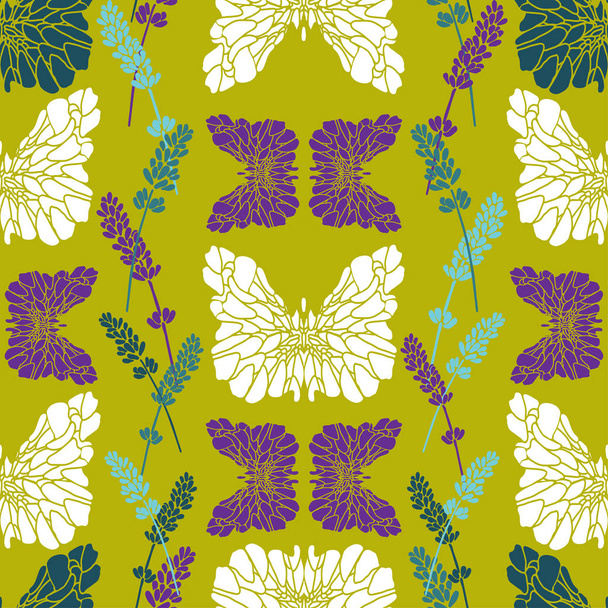 Fantasy butterflies and twigs of lavender on a green background - Vector, Image