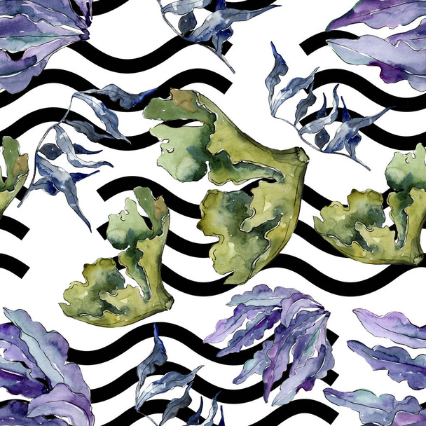 grüne und violette aquatische Unterwasserkorallenriffe. Aquarell-Illustrationsset vorhanden. nahtloses Hintergrundmuster. - Foto, Bild