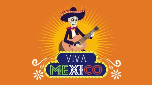 viva mexico animatie met schedel mariachi spelen gitaar - Video