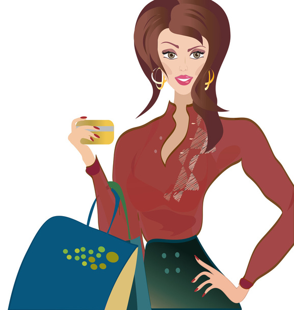 Vector of a Woman with Credit Card. Fashion Girl on Shopping - Vector, Image