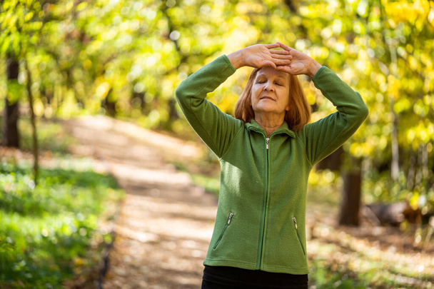  Senior woman is practicing Tai Chi exercise in park. - Photo, Image