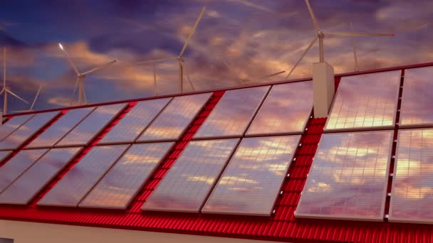 Zonnepanelen geïnstalleerd op een dak, zonsondergang hemel - 3d 4k animatie - Video