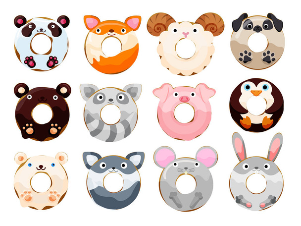 Cute animals donuts set isolated vector illustration - Vector, Image