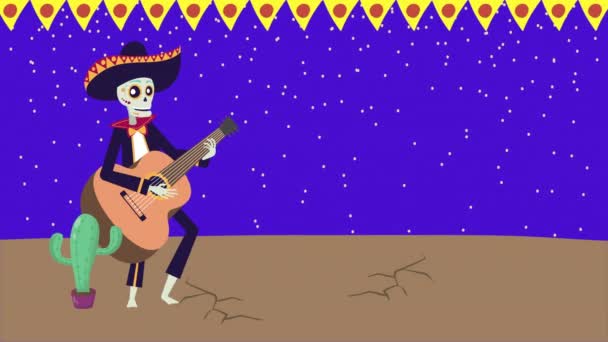 viva mexico animation with skull mariachi playing guitar - Footage, Video