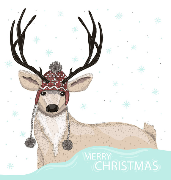 Lindo ciervo con sombrero fondo de invierno
 - Vector, imagen