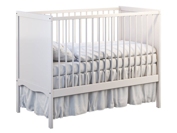 White baby cot with white linen. 3d render - Photo, Image