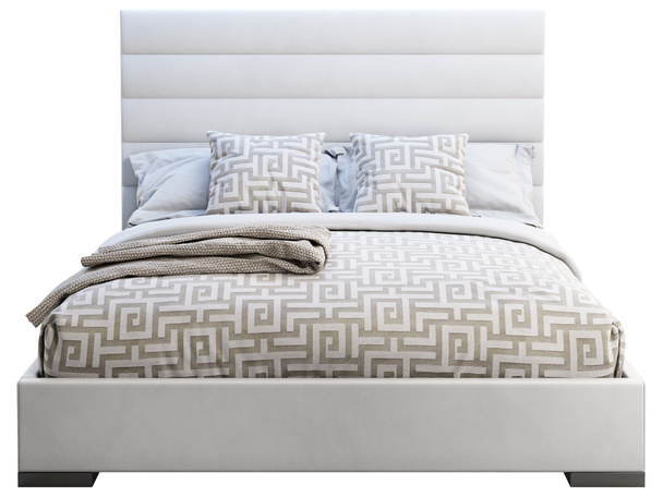 Moderno marco de cuero blanco cama doble con ropa de cama adornada y cuadros. 3d renderizar
 - Foto, Imagen