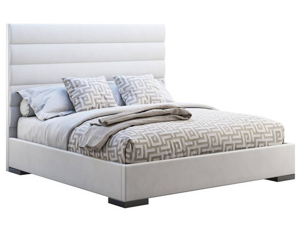 Moderno marco de cuero blanco cama doble con ropa de cama adornada y cuadros. 3d renderizar
 - Foto, Imagen