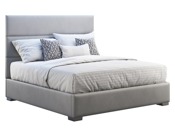 Современный серый кожаный каркас двуспальная кровать с постельным бельем. 3D рендеринг
 - Фото, изображение