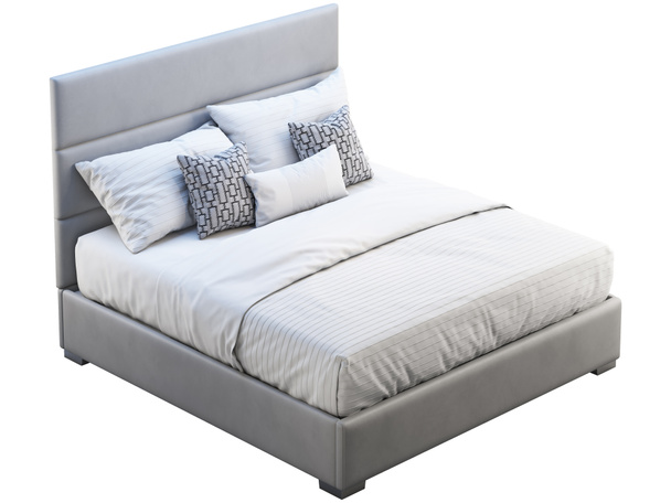 Moderní šedá kožená postel s ložním prádlem. 3D vykreslení - Fotografie, Obrázek