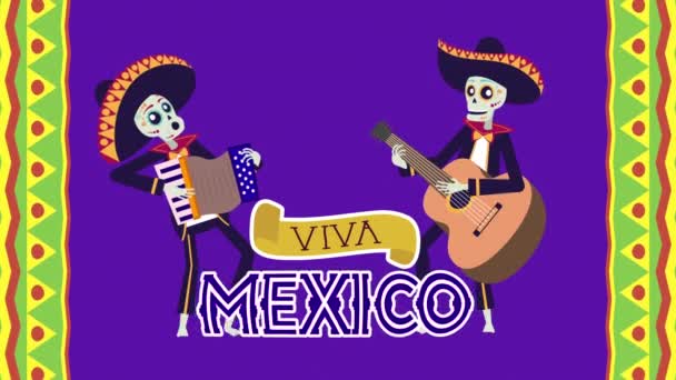 viva mexico animation with skulls mariachis playing guitar and accordion - Footage, Video