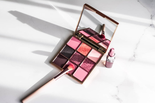 Cosmetics, makeup products set on marble vanity table, lipstick, - Фото, зображення