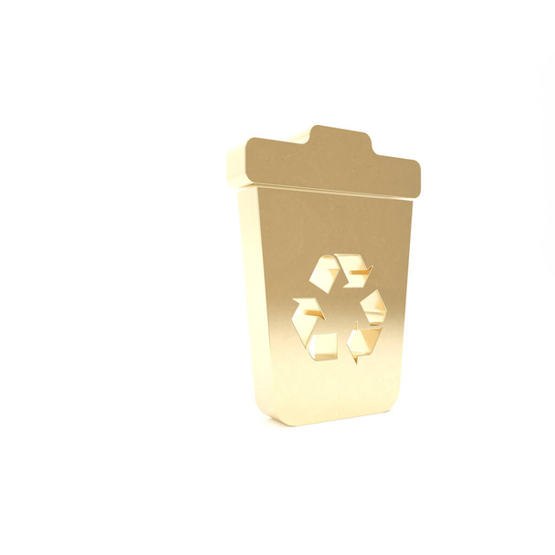 Gold Recycle bin with recycle symbol icon isolated on white background. Trash can icon. Garbage bin sign. Recycle basket sign. 3d illustration 3D render - Photo, Image
