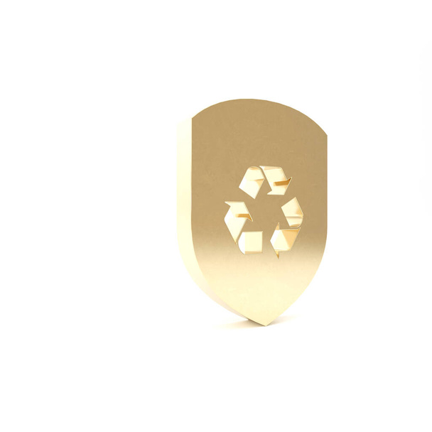 Gold-Recycling-Symbol innerhalb Schild-Symbol isoliert auf weißem Hintergrund. Umweltschutzzeichen. 3D Illustration 3D Renderer - Foto, Bild