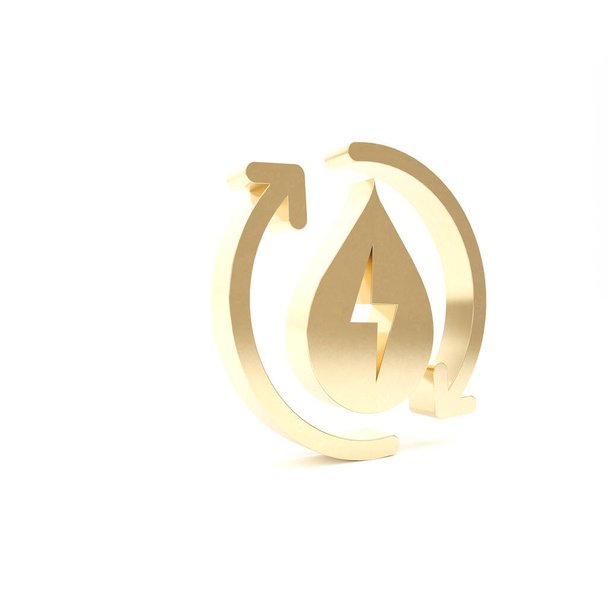 Gold Recycle clean aqua icon isolated on white background. Water recycling energy symbol. Drop of water with recycling. Water refresh arrows. 3d illustration 3D render - Photo, Image