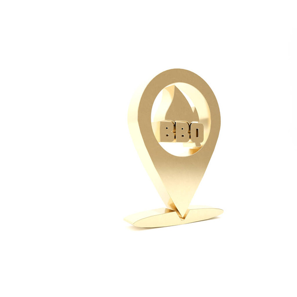 Pointeur Gold Map avec icône barbecue isolée sur fond blanc. Icône de flamme de feu. Barbecue et barbecue symbole de grill. Illustration 3D rendu 3D
 - Photo, image
