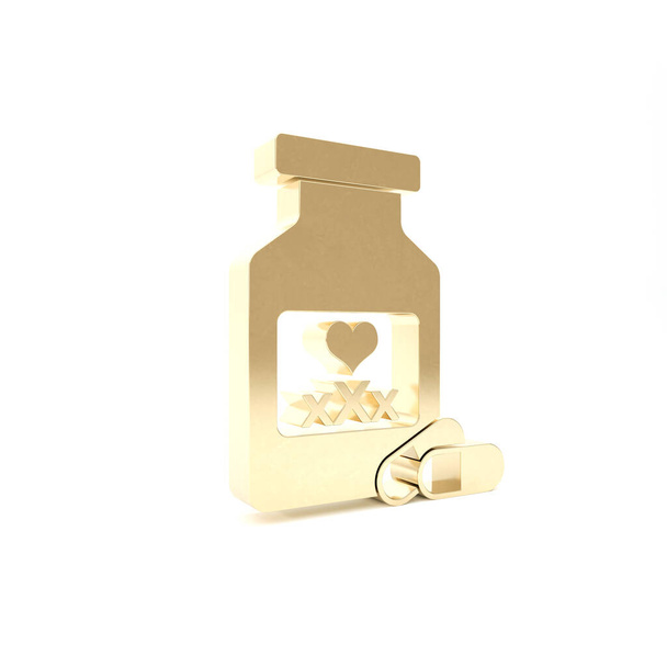 Botella Gold Medicine con pastillas para la potencia, icono afrodisíaco aislado sobre fondo blanco. Pastillas sexuales para hombres y mujeres. 3D ilustración 3D render
 - Foto, Imagen