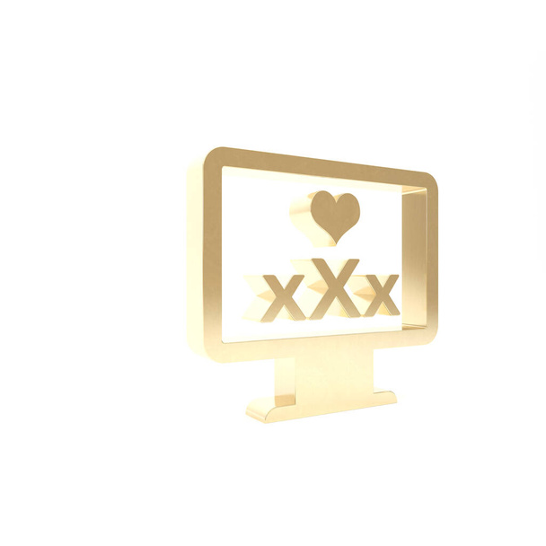 Gold Computer monitor s 18 plus obsah srdce ikona izolované na bílém pozadí. Symbol věkového omezení. Podpis obsahu Xxx. Kanál pro dospělé. 3D ilustrace 3D vykreslení - Fotografie, Obrázek