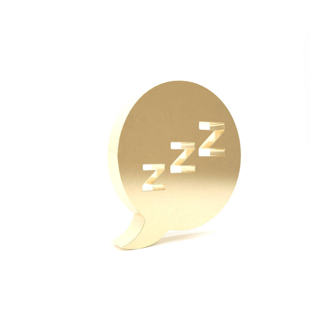Złota bańka Mowy z ikoną chrapania odizolowana na białym tle. Koncepcja snu, bezsenności, aplikacji budzika, głębokiego snu, przebudzenia. Ilustracja 3d - Zdjęcie, obraz
