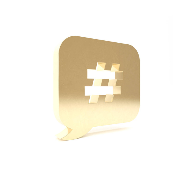 Gold Hashtag εικονίδιο φούσκα ομιλία απομονώνονται σε λευκό φόντο. Έννοια του αριθμού υπογράψει, μάρκετινγκ κοινωνικών μέσων, micro blogging. 3D απεικόνιση 3d καθιστούν - Φωτογραφία, εικόνα