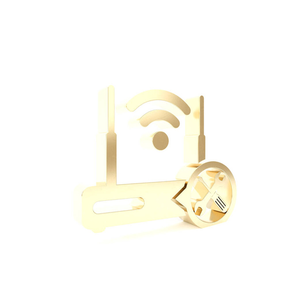 Gold Router wi-fi ze śrubokrętem i ikoną klucza na białym tle. Regulacja, serwis, ustawienie, konserwacja, naprawa, naprawa. Ilustracja 3d - Zdjęcie, obraz