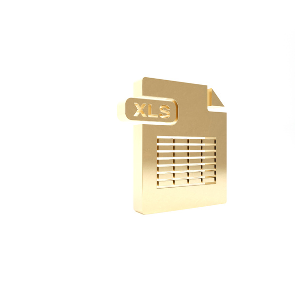 Золотой документ XLS. Иконка кнопки выделена на белом фоне. Символ файла Excel. 3D-рендеринг
 - Фото, изображение