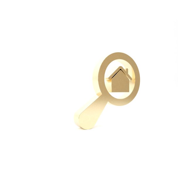 白い背景に隔離されたゴールド検索ハウスアイコン。虫眼鏡の下の家の不動産シンボル。3Dイラスト3Dレンダリング - 写真・画像