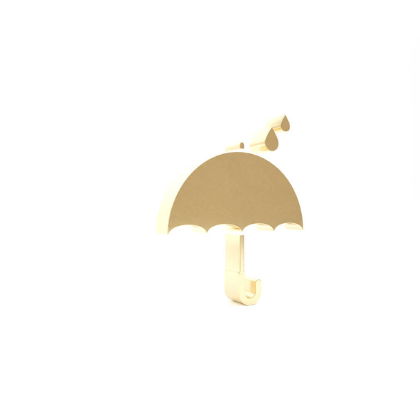 Gold Umbrella and rain drops icon isolated on white background. Waterproof icon. Protection, safety, security concept. Water resistant symbol. 3d illustration 3D render - Photo, Image