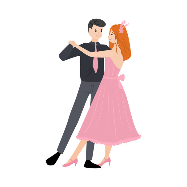 Dancing pair of man in a shirt with a tie and red-haired girl in a long pink dress. Vector illustration in flat cartoon style. - Wektor, obraz