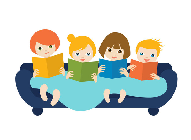 Παιδιά, παιδιά διαβάζουν βιβλία που κάθονται στον καναπέ. Επίπεδο διάνυσμα. - Διάνυσμα, εικόνα