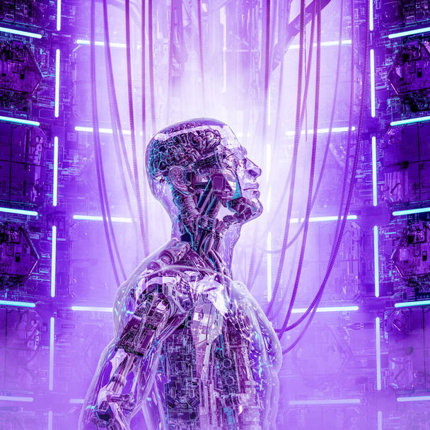 La máquina pensante / ilustración 3D del ciborg humanoide masculino futurista de ciencia ficción de vidrio en pensamiento profundo dentro del núcleo de la computadora
 - Foto, imagen