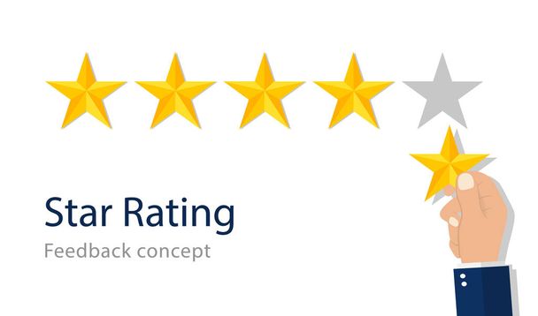 高品質の星評価。フィードバックランクの概念。顧客評価、パフォーマンス率、肯定的なレビュー。フラットスタイルでのサービスの良い評価。品質の最高の感謝。分離ベクトル - ベクター画像