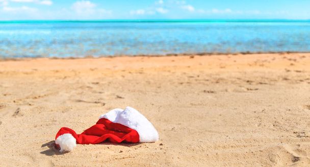 Рождественский фон на пляже с раковинами на песке. Селективный фокус
. - Фото, изображение