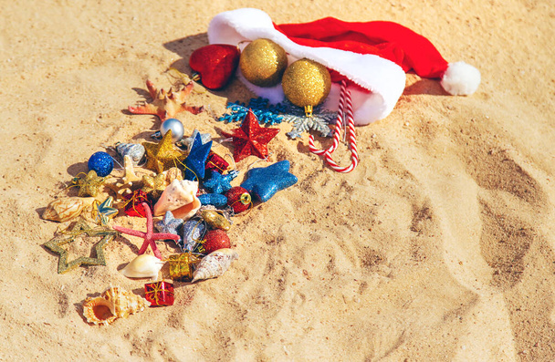 Рождественский фон на пляже с раковинами на песке. Селективный фокус
. - Фото, изображение