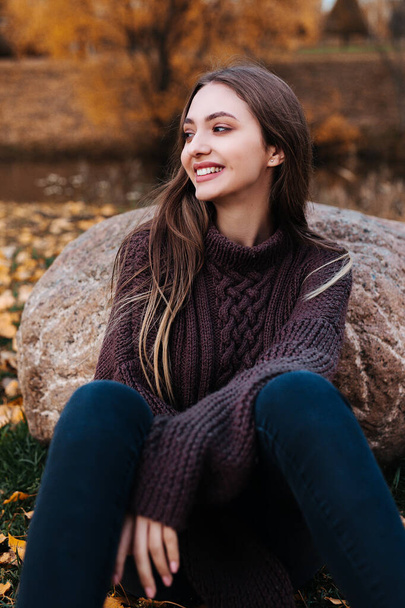 Portrait of a beautiful smiling girl , autumn sunny day in the park - Zdjęcie, obraz