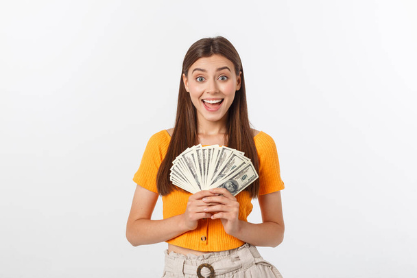 young business woman holding money isolated on white background. - Photo, Image