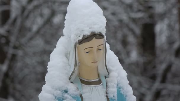 Snowy blessed Virgin Mary sculpture in old cemetery - Footage, Video