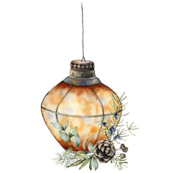 Watercolor card with lantern and Christmas decor. Hand painted traditional fir branches, pine cone, mistletoe and berry isolated on white background. Holiday print for design, print or background. - Photo, Image