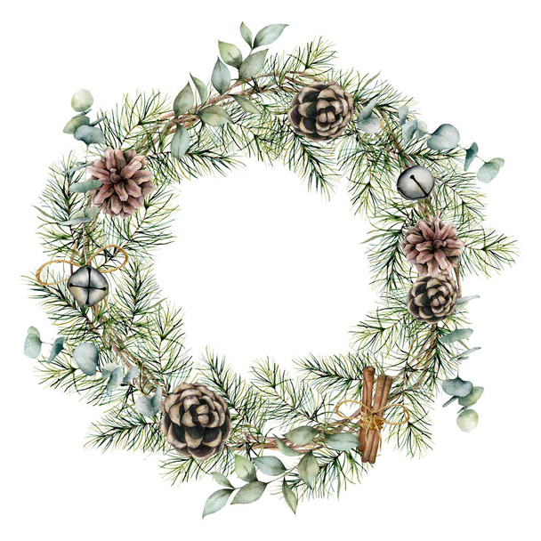 Watercolor Christmas wreath with pine cones decor. Hand painted card with bells, cinnamon, eucalyptus and pine branches isolated on white background. Floral illustration for design or print. - Photo, Image