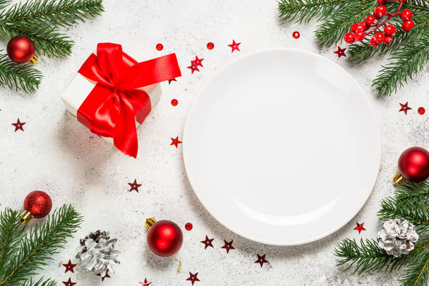 Christmas table setting on white top view. - Photo, Image