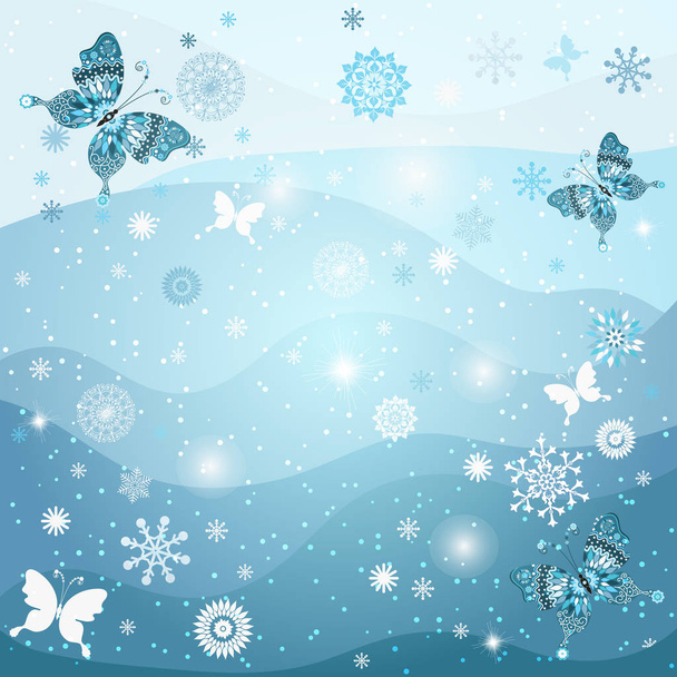 Marco de invierno con copos de nieve y mariposas
  - Vector, Imagen