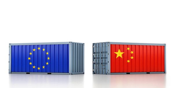 欧州連合と中国の旗を持つ2つの貨物コンテナ。3Dレンダリング - 写真・画像