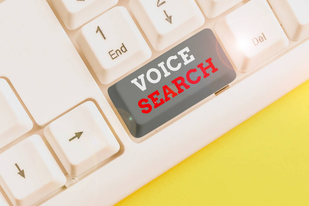 Word writing text Voice Search. Business concept for allows the user to use a voice comanalysisd to search the Internet White pc keyboard with empty note paper above white background key copy space. - Photo, Image