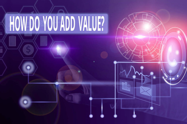 A How Do You Add Value Kérdést mutató szöveges jel. Koncepcionális fotó javítása munka vállalkozás termelési folyamat Kép fotó rendszer hálózati rendszer modern technológia intelligens eszköz. - Fotó, kép