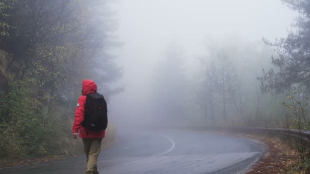 turista masculino em capa de chuva vermelha andando na estrada molhada nebulosa
 - Filmagem, Vídeo