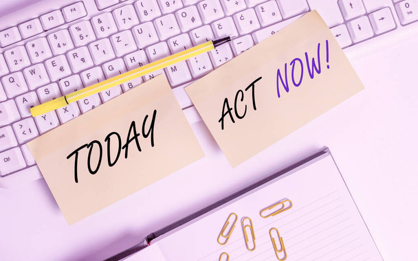 Conceptual hand writing showing Act Now. Business photo text fulfil the function or serve the purpose of Take action Do something Empty orange square papers by the pc keyboard with copy space. - Photo, Image