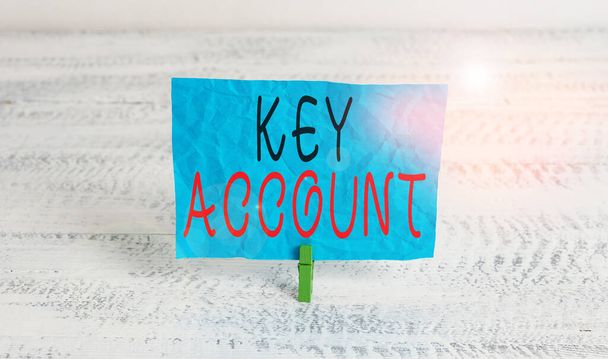 Szövegírás Key Account. Üzleti koncepció az értékesítés egyéni megközelítéséhez bemutató ügyfeleiknek Zöld ruhatű fehér fa háttér színes papír emlékeztető irodai ellátás. - Fotó, kép