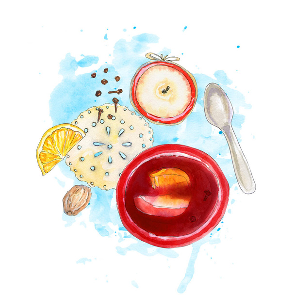Flatlay winter composition with mulled wine, spices and splatters - Foto, afbeelding