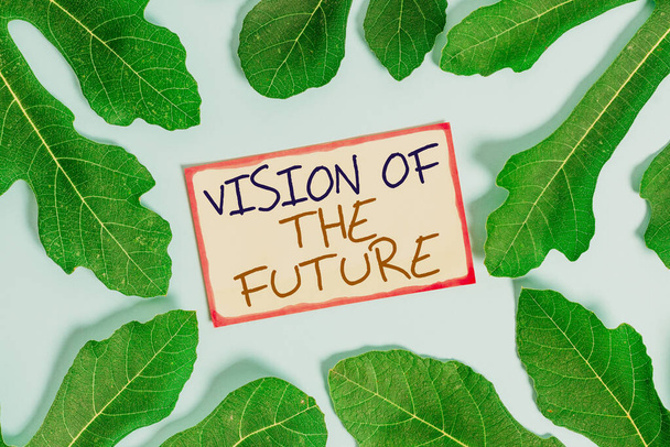 Text sign showing Vision Of The Future. Conceptual photo Seeing something Ahead a Clear Guide of Action Leaves surrounding notepaper above an empty soft pastel table as background. - Photo, Image